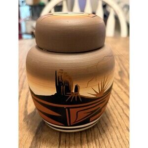 Vintage Navajo Art Pottery Ginger Jar Desert Scene SouthWestern Signed
